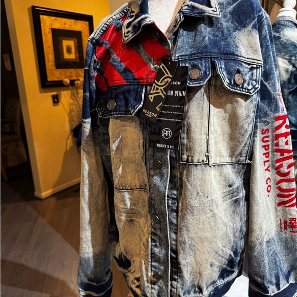 REASON Other - NEW Reason status DENIM trucker Jacket Hand crafted blue Fl-07 SZ XL‎
